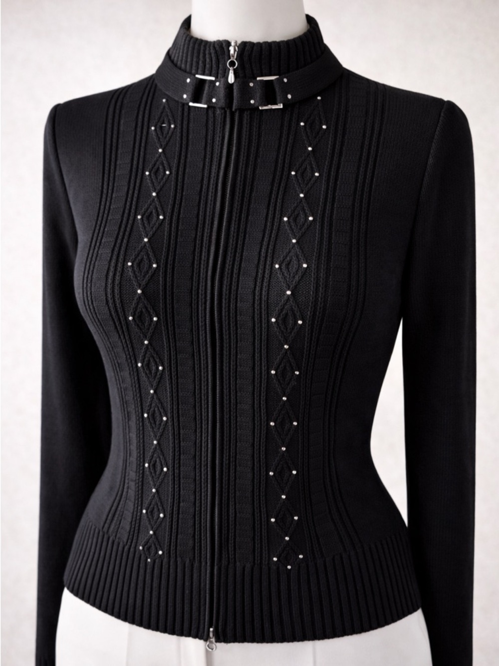 St John Collection Santana Knit Zip Jacket Studded Black Size 4